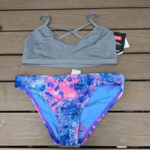 TYR Women's Solid Grey Trinityfit Top & Vari Purple/pink Bikini Bottom Sz M NEW